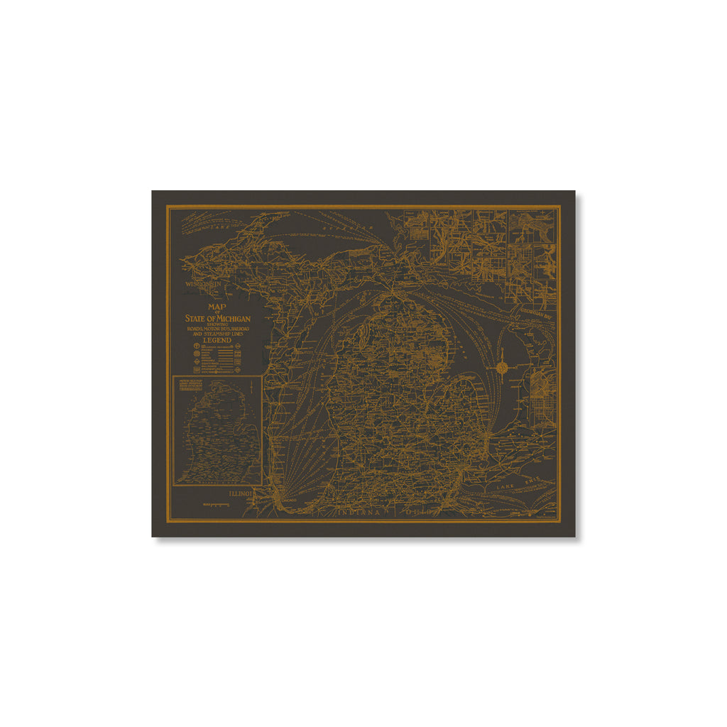 1927 Michigan Map is 22" x 18" and printed with metallic copper & teal inks.