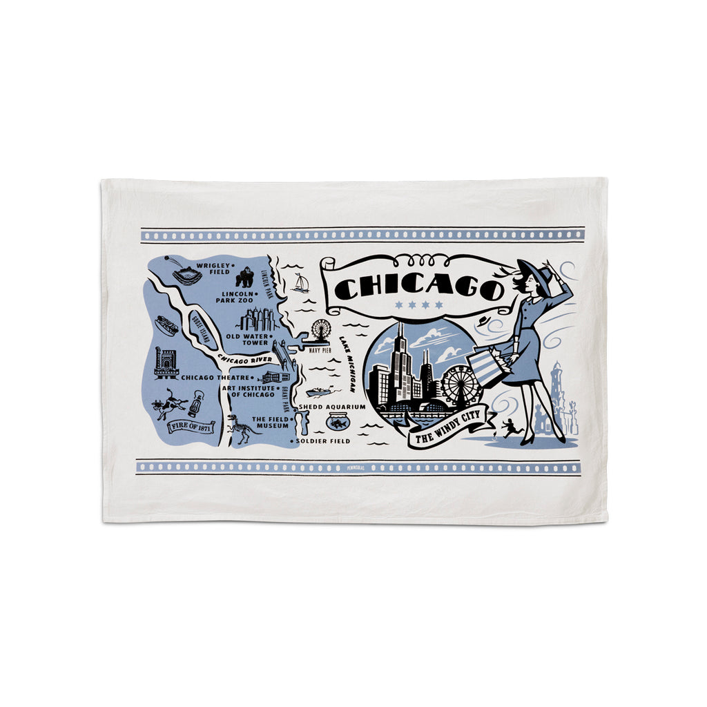 This 24"x16" 100% cotton flour sack towel has images and landmarks from Chicago silk screened on it.