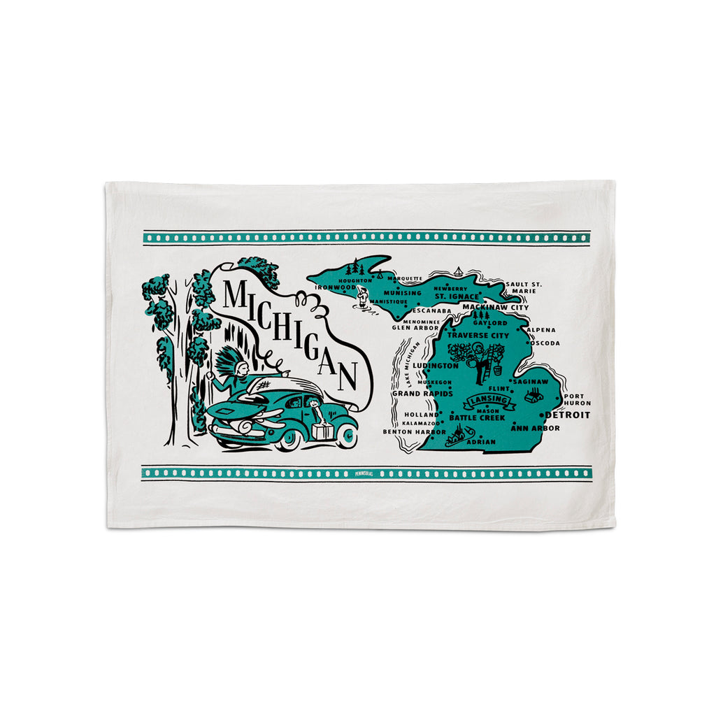 This 24"x16" 100% cotton flour sack towel has images and landmarks from Michigan silk screened on it.