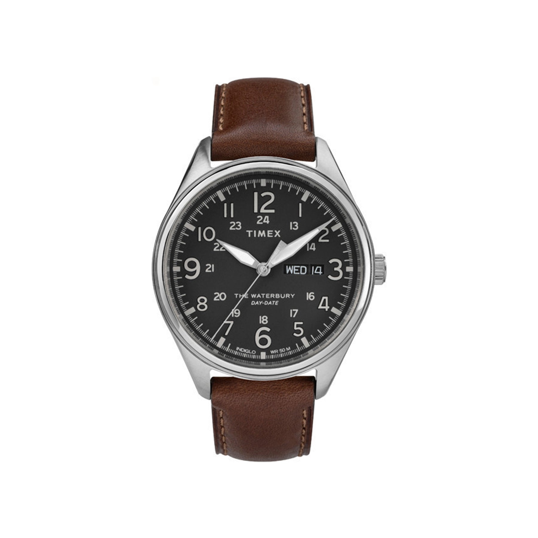 Waterbury Day Date 42mm Timex Watch Brown Leather Strap  Peninsulas